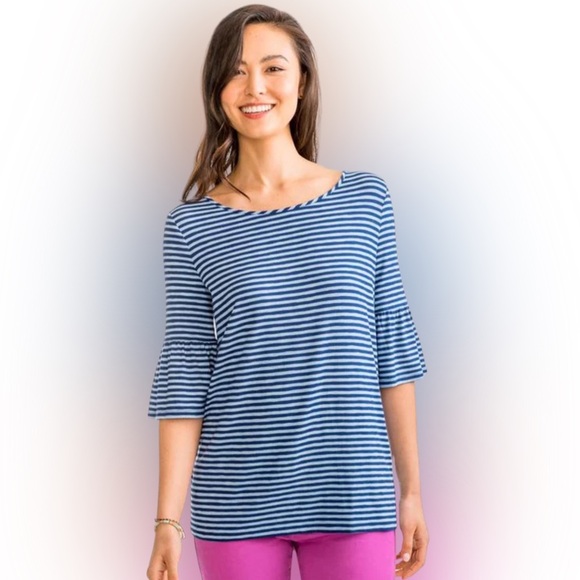 Southern Tide Tops - Southern Tide Heather Forever Blue Stripe Knit Ruffle Sleeve Top, Size Large
